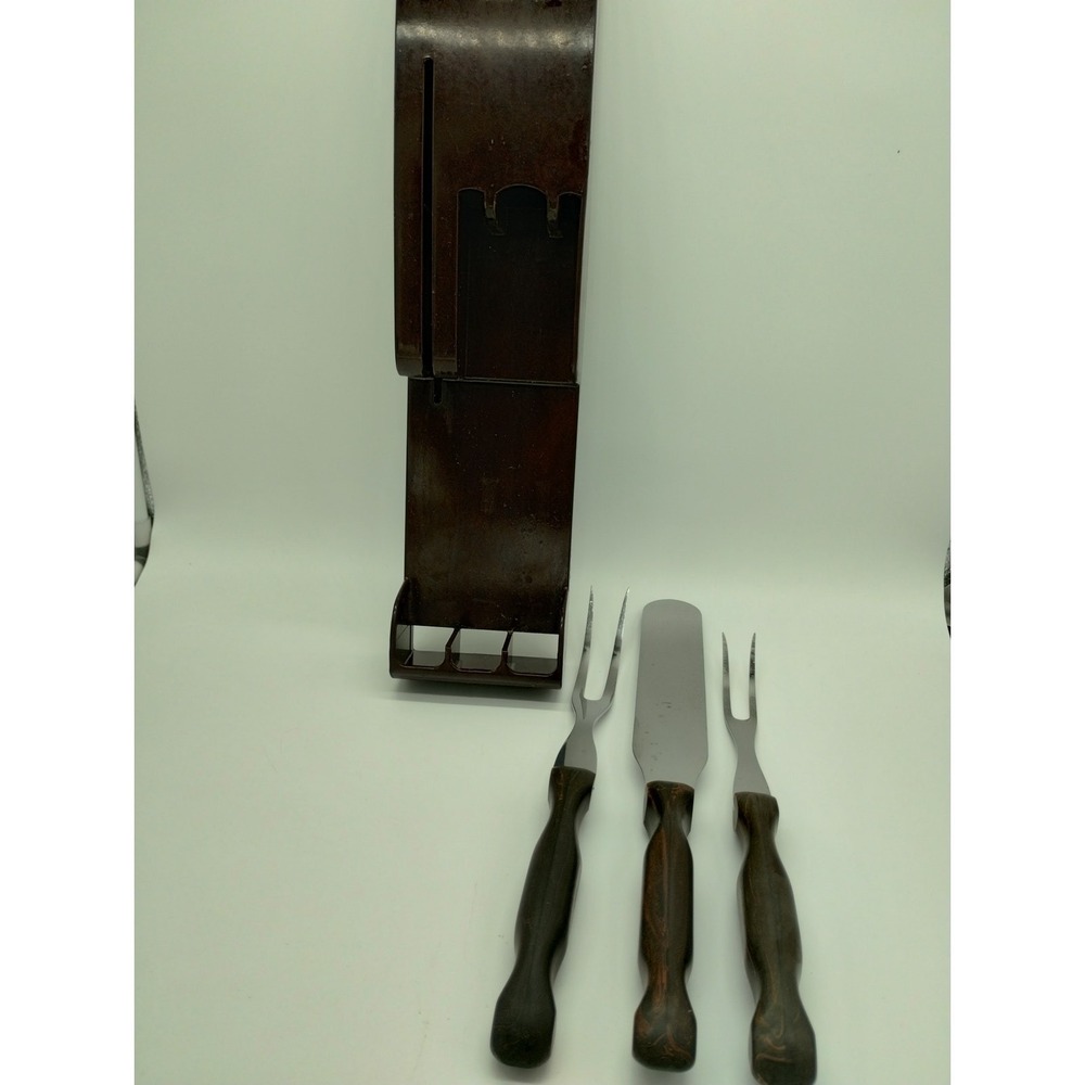 Cutco Lot Metal Spatula Meat Forks and Cutlery Holder Used Wood grain handles